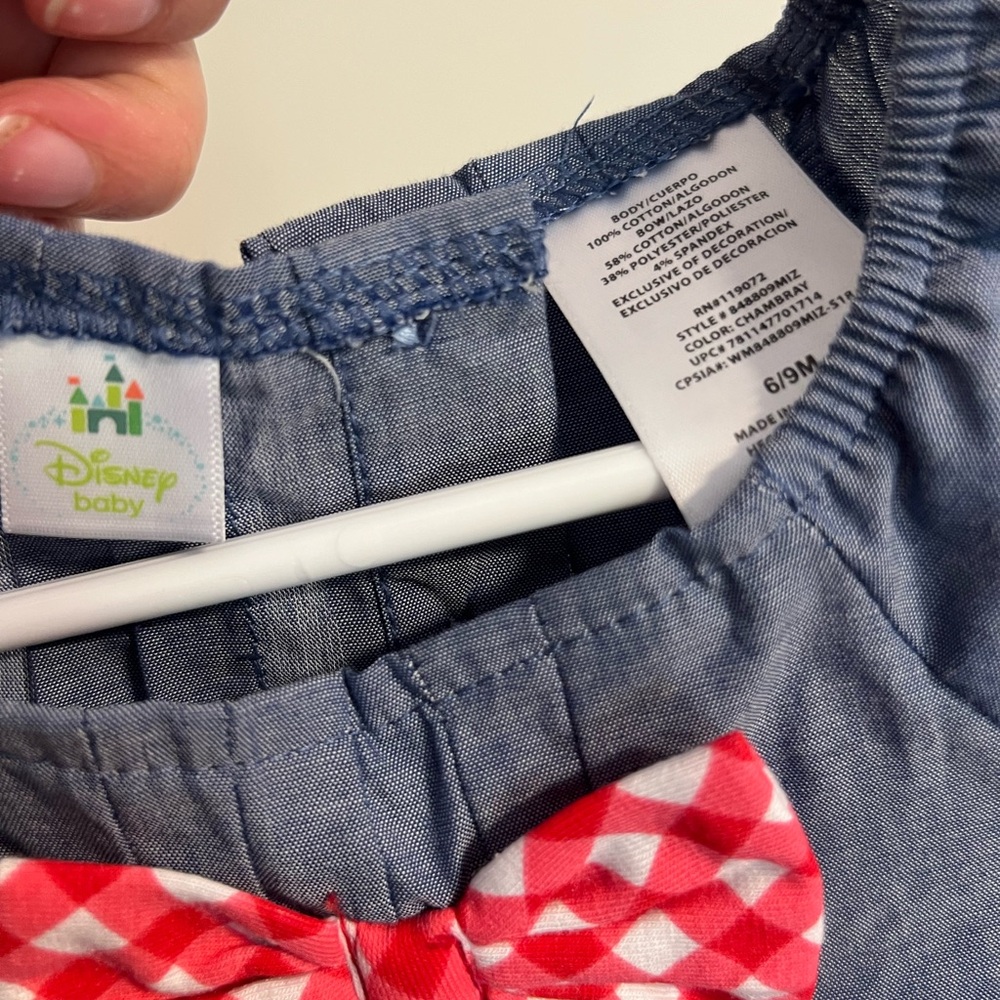Disney Baby Blue Red Chambray Bow Floral Minnie Mouse Scalloped Dress 6-9 Months - Picture 6 of 6